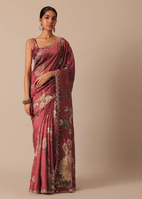 Maroon Tussar Silk Saree With Cutwork Scallop Border And Unstitched Blouse Piece