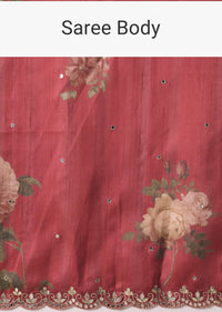 Maroon Tussar Silk Saree With Cutwork Scallop Border And Unstitched Blouse Piece