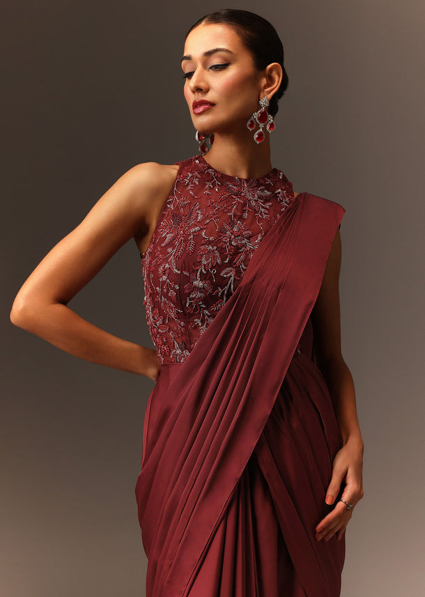 Masala Maroon Net Satin Draped Saree With Hand Embroidered Blouse