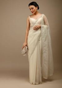 Marshmallow White Saree In Organza With Moti Beads And Stone Embroidered Round Motifs On The Border And Butti Design