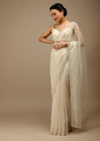 Marshmallow White Saree In Organza With Moti Beads And Stone Embroidered Round Motifs On The Border And Butti Design