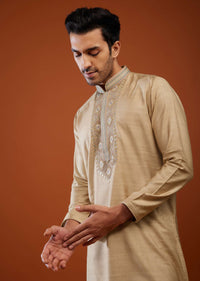 Tan Brown Thread Embroidered Silk Kurta Set