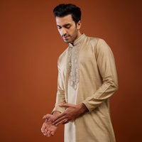 Tan Brown Thread Embroidered Silk Kurta Set