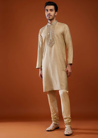 Tan Brown Thread Embroidered Silk Kurta Set