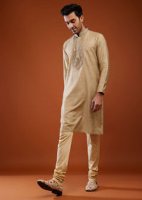 Tan Brown Thread Embroidered Silk Kurta Set