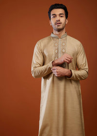 Tan Brown Thread Embroidered Silk Kurta Set