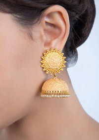 Matte finish peach  jhumkas with golden carving only on kalki