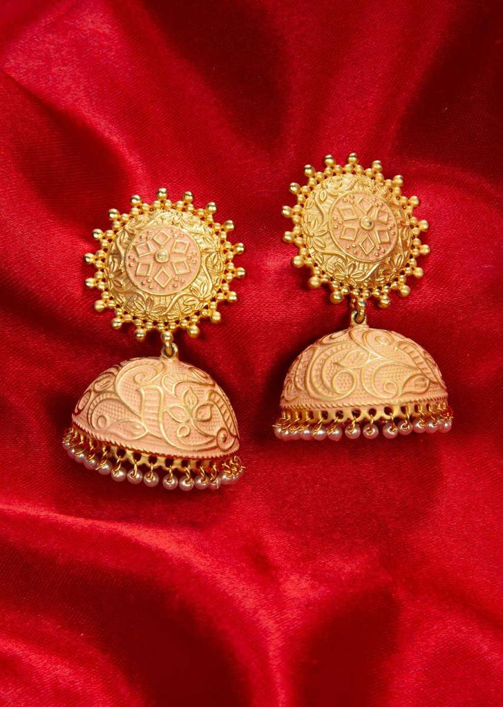 Matte finish peach  jhumkas with golden carving only on kalki