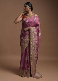 Mauve Banarasi Saree In Cotton Silk With Weaved Floral Motifs And Colorful Thread Embroidery Online - Kalki Fashion