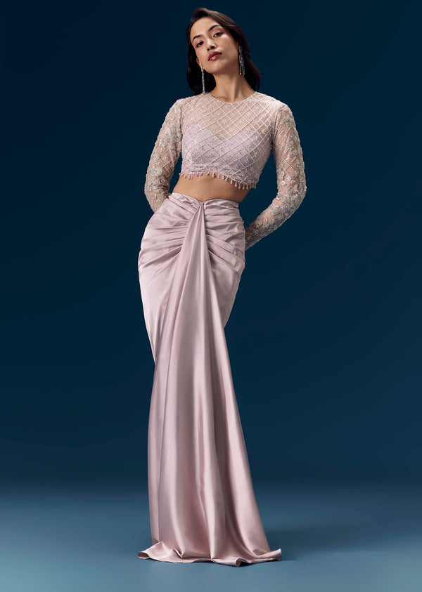 Mauve Embroidered Full Sleeved Crop Top With Satin Drape Skirt