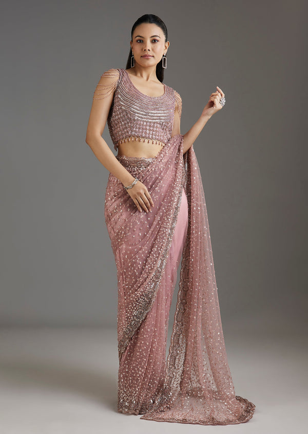 Mauve Net Embellished Saree With Sequins Blouse