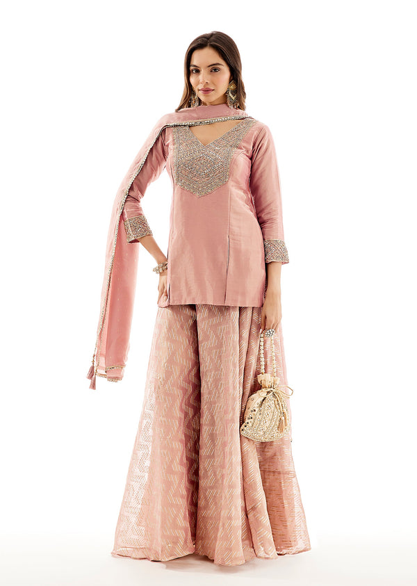 Mauve Organza Palazzo Set With Zardosi Yoke