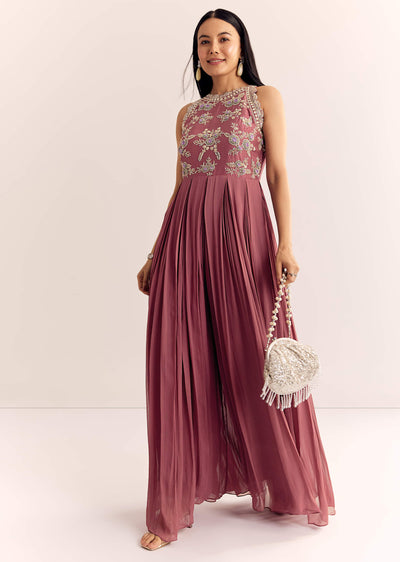 Mauve Pink Georgette Jumpsuit With Cutdana Beads And Threadwork