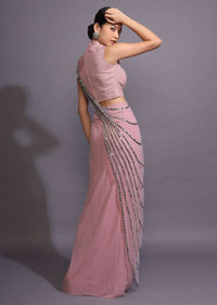 Mauve Pink Ready Pleated Saree With Mirror Embellished Drape Online - Kalki Fashion