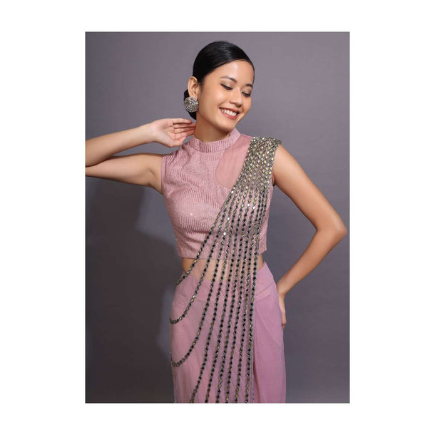 Mauve Pink Ready Pleated Saree With Mirror Embellished Drape Online - Kalki Fashion