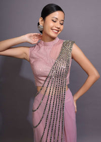 Mauve Pink Ready Pleated Saree With Mirror Embellished Drape Online - Kalki Fashion