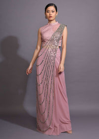 Mauve Pink Ready Pleated Saree With Mirror Embellished Drape Online - Kalki Fashion