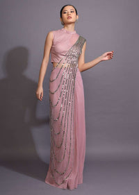 Mauve Pink Ready Pleated Saree With Mirror Embellished Drape Online - Kalki Fashion