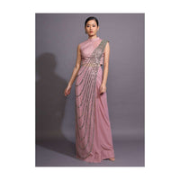 Mauve Pink Ready Pleated Saree With Mirror Embellished Drape Online - Kalki Fashion