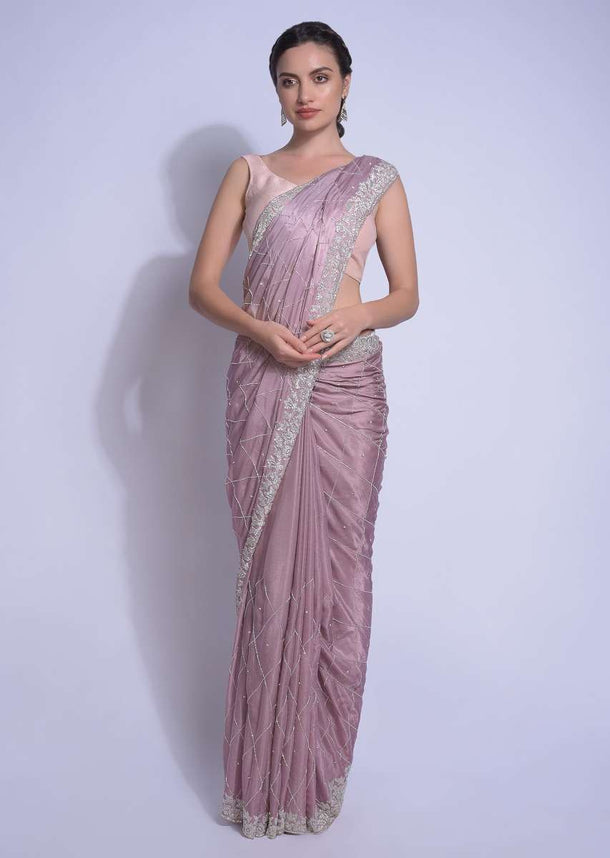 Mauve Pink Saree In Chiffon Satin With Cut Dana And Stones In Checks Pattern Online - Kalki Fashion