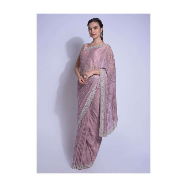 Mauve Pink Saree In Chiffon Satin With Cut Dana And Stones In Checks Pattern Online - Kalki Fashion