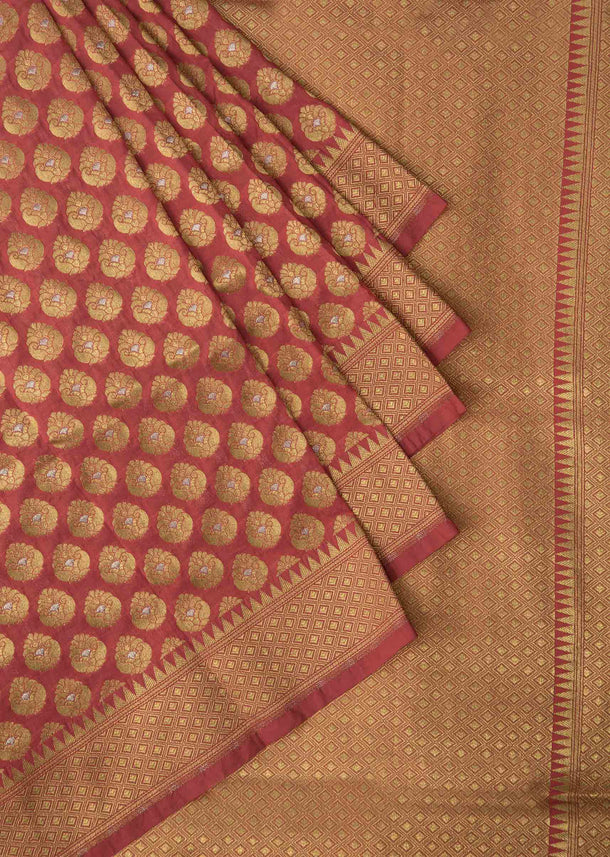 Mauve red chanderi silk saree with weaved butti and geometric motif pallav borde