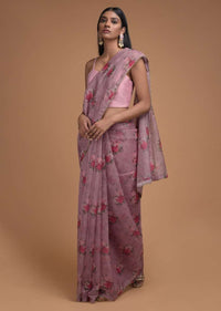 Mauve Saree In Organza With Floral Print And Cut Dana Trim On The Border