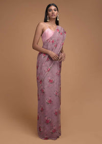 Mauve Saree In Organza With Floral Print And Cut Dana Trim On The Border