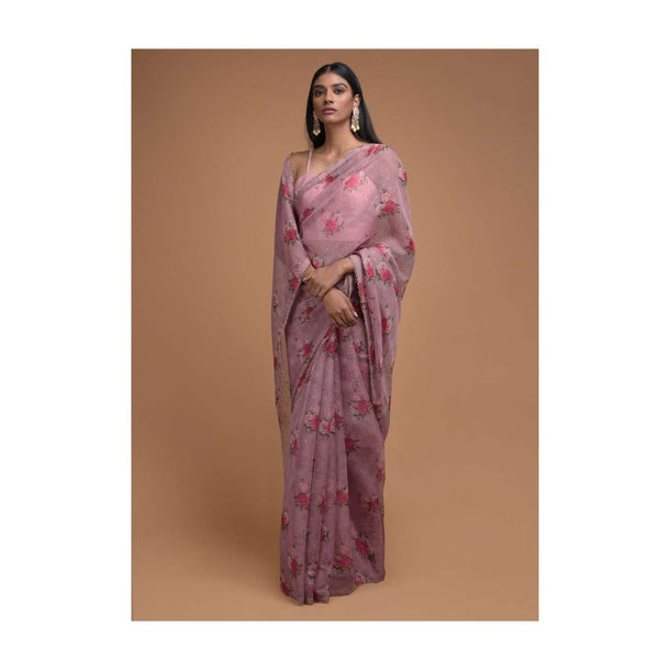 Mauve Saree In Organza With Floral Print And Cut Dana Trim On The Border