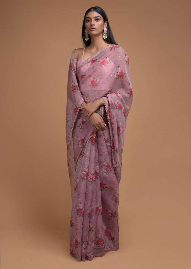 Mauve Saree In Organza With Floral Print And Cut Dana Trim On The Border