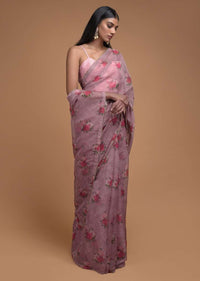 Mauve Saree In Organza With Floral Print And Cut Dana Trim On The Border