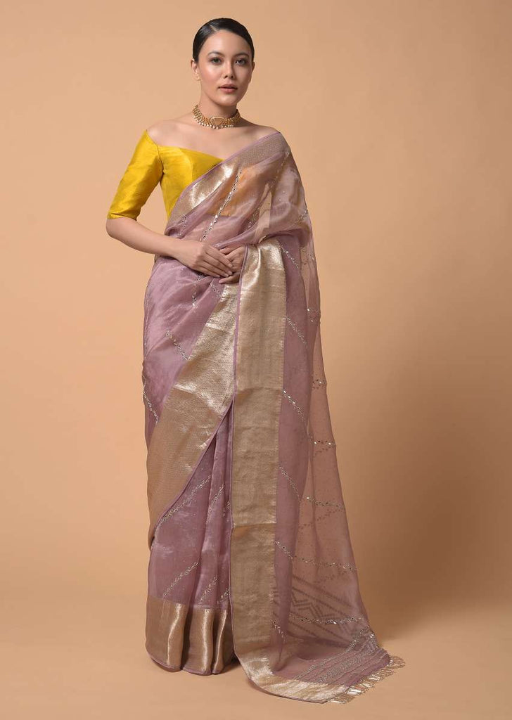 Mauve Saree In Organza With Zardosi And Mirror Embroidered Striped Design Online - Kalki Fashion