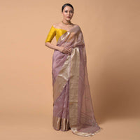 Mauve Saree In Organza With Zardosi And Mirror Embroidered Striped Design Online - Kalki Fashion