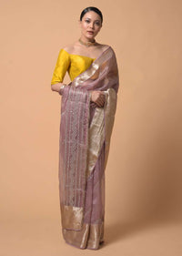 Mauve Saree In Organza With Zardosi And Mirror Embroidered Striped Design Online - Kalki Fashion