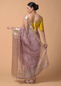 Mauve Saree In Organza With Zardosi And Mirror Embroidered Striped Design Online - Kalki Fashion