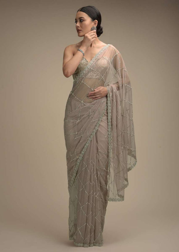 Mauve Taupe Saree In Net With Stone And Zardosi Embellished Checks Design Online - Kalki Fashion