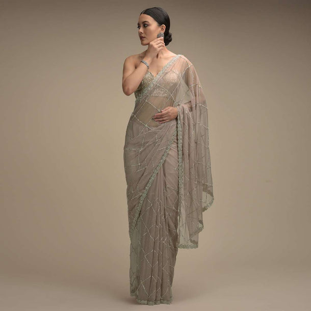 Mauve Taupe Saree In Net With Stone And Zardosi Embellished Checks Design Online - Kalki Fashion