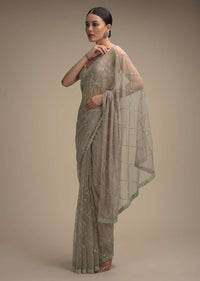 Mauve Taupe Saree In Net With Stone And Zardosi Embellished Checks Design Online - Kalki Fashion