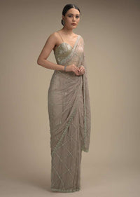 Mauve Taupe Saree In Net With Stone And Zardosi Embellished Checks Design Online - Kalki Fashion