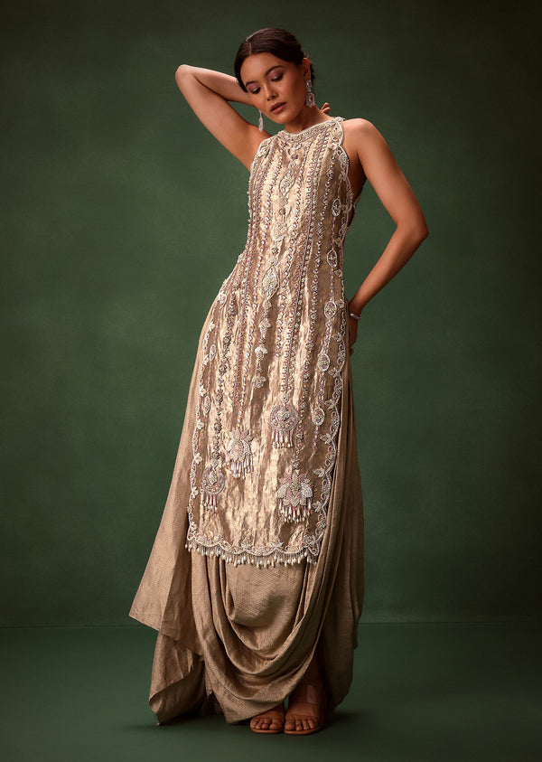 Mauve Dhoti Drape Skirt Brocade Embroidered Kurta With Side Tie Ups