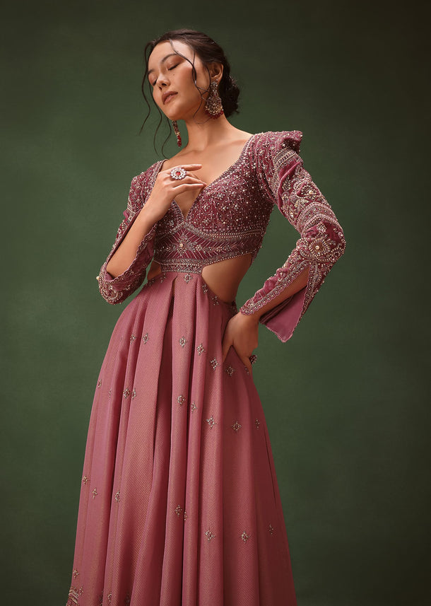Mauve Embroidered Anarkali Suit With Flared Palazzo Pant