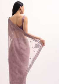 Mauve Embroidered Organza Saree With Unstitched Blouse