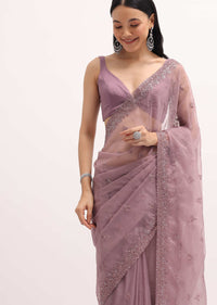 Mauve Embroidered Organza Saree With Unstitched Blouse