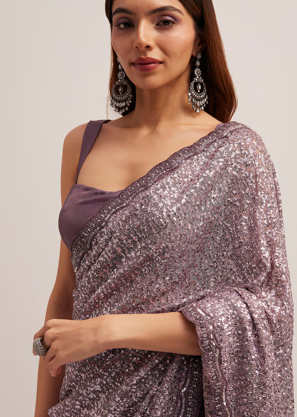 Mauve Half AndHalf Sequins Embroidered Saree