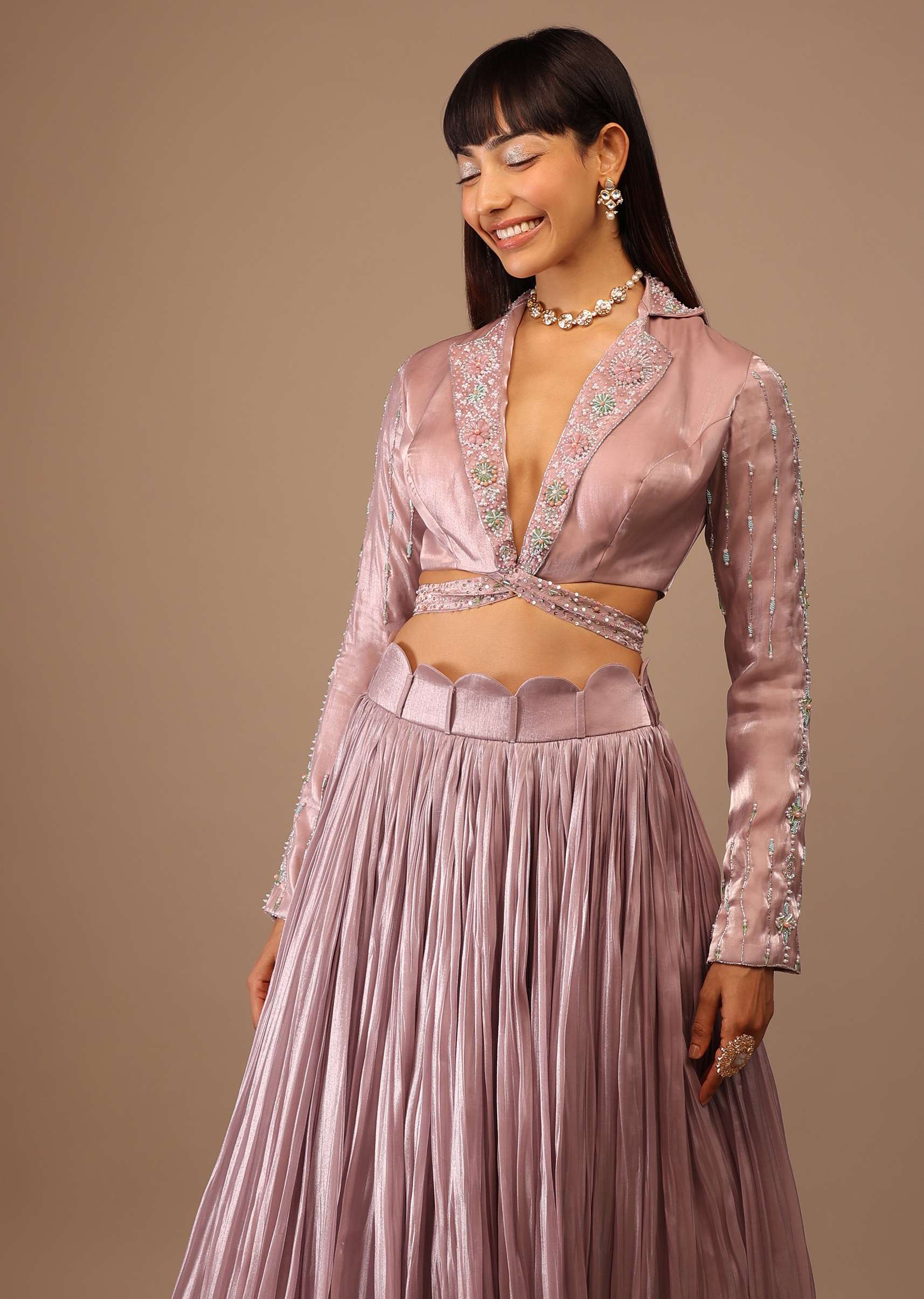 Powder Pink Two-Toned Layered Skirt With Hand Embroidered Tie -Up Crop-Top