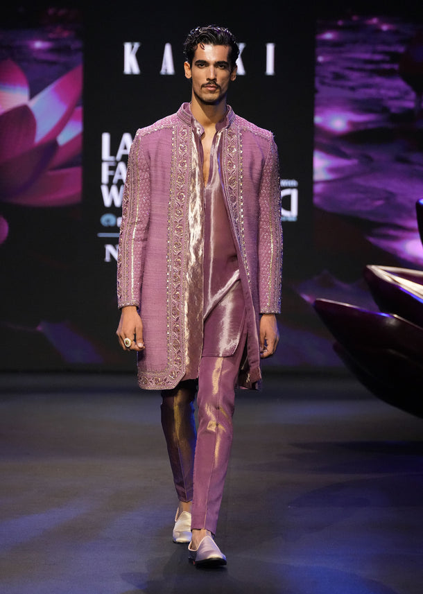 Mauve Handwoven Silk Embroidered Sherwani Suit