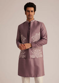 Mauve Kurta Pant Set With Embroidered Nehru Jacket