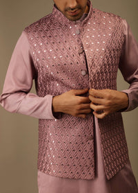 Mauve Nehru Jacket And Kurta Set In Raw Silk With Resham And Mirror Abla Embroidered Geometric Jaal