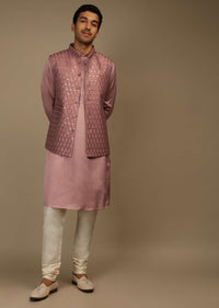 Mauve Nehru Jacket And Kurta Set In Raw Silk With Resham And Mirror Abla Embroidered Geometric Jaal