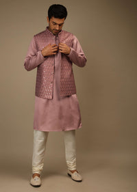 Mauve Nehru Jacket And Kurta Set In Raw Silk With Resham And Mirror Abla Embroidered Geometric Jaal
